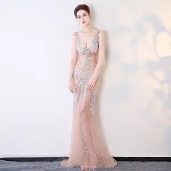 Sexy Champagne Transparentes Été Robe De Soirée 2018 Trompette Sirène V Cou Sans Manches Faux Diamant Perlage Train De Balayage Volants Dos Nu Robe De Ceremonie