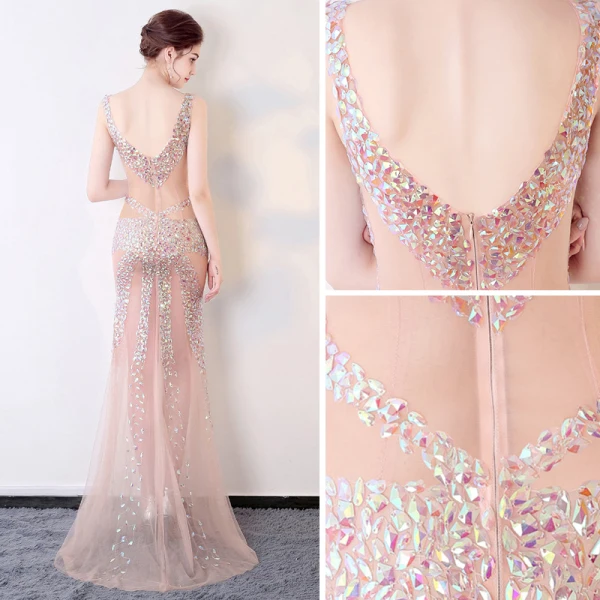 Sexy Champagne Transparentes Été Robe De Soirée 2018 Trompette / Sirène V-Cou Sans Manches Faux Diamant Perlage Train De Balayage Volants Dos Nu Robe De Ceremonie