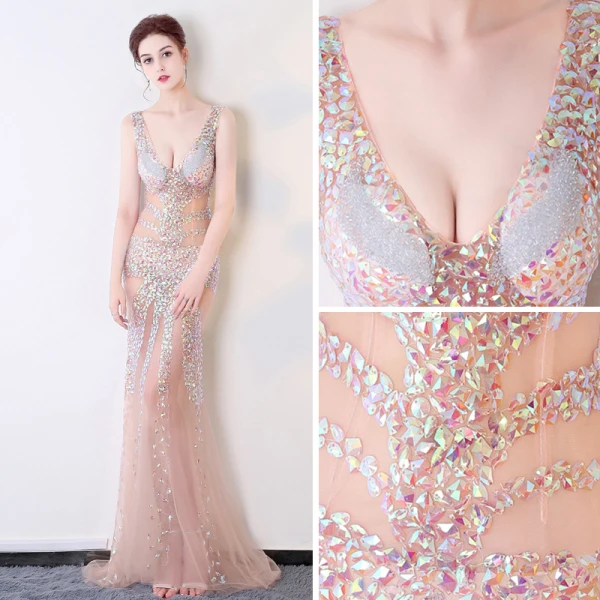Sexy Champagne Transparentes Été Robe De Soirée 2018 Trompette / Sirène V-Cou Sans Manches Faux Diamant Perlage Train De Balayage Volants Dos Nu Robe De Ceremonie