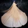 Sparkly Champagne Wedding Dresses 2020 Ball Gown Off-The-Shoulder Bell sleeves Backless Glitter Tulle Sequins Appliques Lace Beading Cathedral Train Ruffle