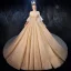 Sparkly Champagne Wedding Dresses 2020 Ball Gown Off-The-Shoulder Bell sleeves Backless Glitter Tulle Sequins Appliques Lace Beading Cathedral Train Ruffle