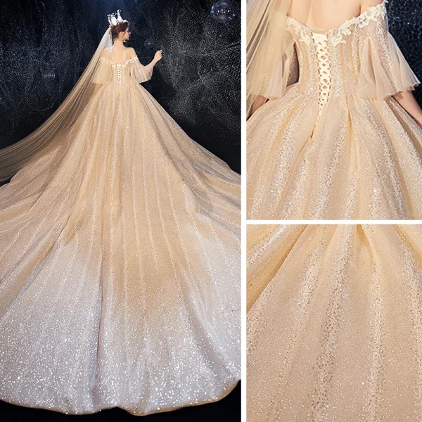 Sparkly Champagne Wedding Dresses 2020 Ball Gown Off-The-Shoulder Bell sleeves Backless Glitter Tulle Sequins Appliques Lace Beading Cathedral Train Ruffle