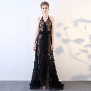 Sexy Noire Transparentes Été Robe De Soirée 2018 Princesse Titulaire Sans Manches Appliques En Dentelle Noeud Ceinture Train De Balayage Volants Dos Nu Robe De Ceremonie
