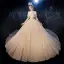 Luxury / Gorgeous Champagne Wedding Dresses 2020 Ball Gown Off-The-Shoulder Short Sleeve Backless Glitter Tulle Leaf Appliques Lace Sequins Beading Cathedral Train Ruffle