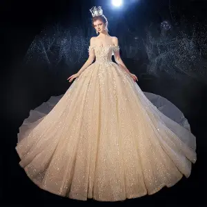 Luxus Herrlich Champagner Brautkleider Hochzeitskleider 2020 Ballkleid Off Shoulder Kurze Ärmel Rückenfreies Glanz Tülle Blatt Applikationen Spitze Pailletten Perlenstickerei Kathedrale Schleppe Rüschen