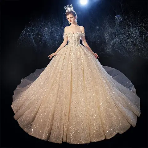 Magnífico Champán Vestidos De Novia 2020 Ball Gown Fuera Del Hombro Manga Corta Sin Espalda Glitter Tul Hoja Apliques Con Encaje Lentejuelas Rebordear Cathedral Train Ruffle