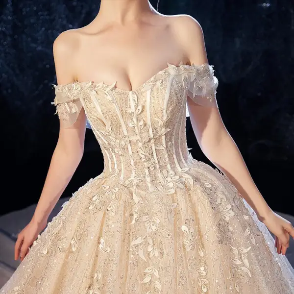 Luxury / Gorgeous Champagne Wedding Dresses 2020 Ball Gown Off-The-Shoulder Short Sleeve Backless Glitter Tulle Leaf Appliques Lace Sequins Beading Cathedral Train Ruffle