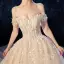 Luxury / Gorgeous Champagne Wedding Dresses 2020 Ball Gown Off-The-Shoulder Short Sleeve Backless Glitter Tulle Leaf Appliques Lace Sequins Beading Cathedral Train Ruffle