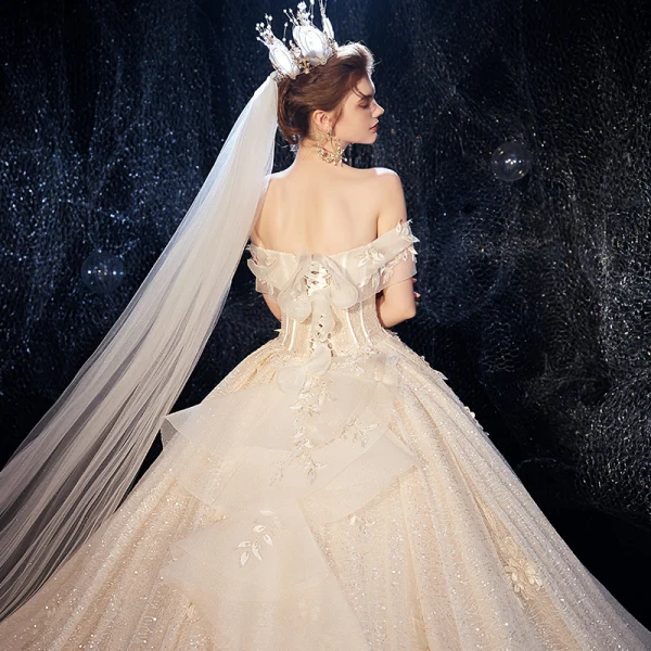 Luxury / Gorgeous Champagne Wedding Dresses 2020 Ball Gown Off-The-Shoulder Short Sleeve Backless Glitter Tulle Leaf Appliques Lace Sequins Beading Cathedral Train Ruffle