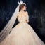 Luxury / Gorgeous Champagne Wedding Dresses 2020 Ball Gown Off-The-Shoulder Short Sleeve Backless Glitter Tulle Leaf Appliques Lace Sequins Beading Cathedral Train Ruffle
