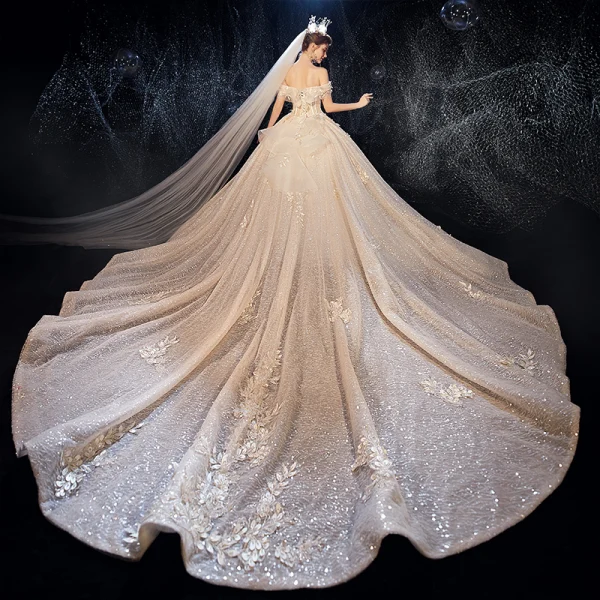 Luxury / Gorgeous Champagne Wedding Dresses 2020 Ball Gown Off-The-Shoulder Short Sleeve Backless Glitter Tulle Leaf Appliques Lace Sequins Beading Cathedral Train Ruffle