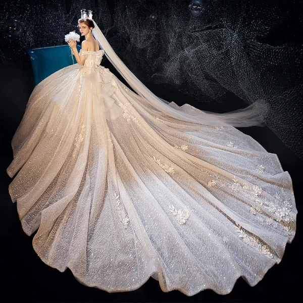 Luxury / Gorgeous Champagne Wedding Dresses 2020 Ball Gown Off-The-Shoulder Short Sleeve Backless Glitter Tulle Leaf Appliques Lace Sequins Beading Cathedral Train Ruffle