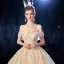 Luxury / Gorgeous Champagne Wedding Dresses 2020 Ball Gown Off-The-Shoulder Short Sleeve Backless Glitter Tulle Leaf Appliques Lace Sequins Beading Cathedral Train Ruffle
