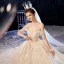 Luxury / Gorgeous Champagne Wedding Dresses 2020 Ball Gown Off-The-Shoulder Short Sleeve Backless Glitter Tulle Leaf Appliques Lace Sequins Beading Cathedral Train Ruffle