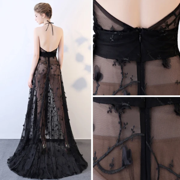 Sexy Schwarz Durchsichtige Sommer Abendkleider 2018 A Linie Neckholder Ärmellos Applikationen Spitze Schleife Stoffgürtel Sweep / Pinsel Zug Rüschen Rückenfreies Festliche Kleider