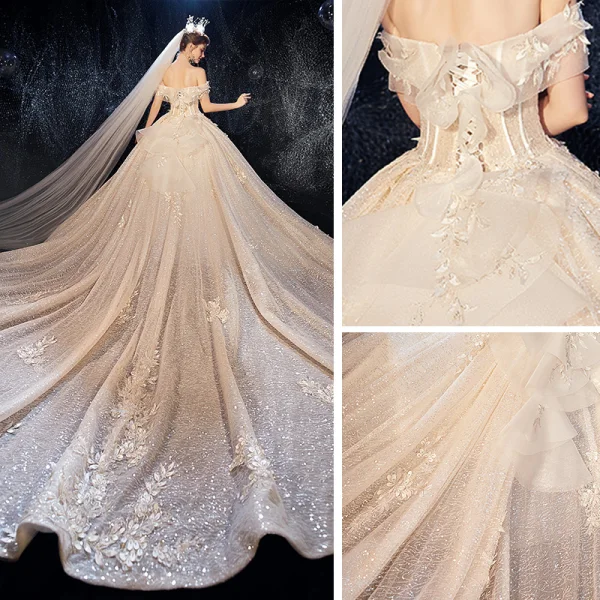Luxury / Gorgeous Champagne Wedding Dresses 2020 Ball Gown Off-The-Shoulder Short Sleeve Backless Glitter Tulle Leaf Appliques Lace Sequins Beading Cathedral Train Ruffle