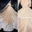 Luxury / Gorgeous Champagne Wedding Dresses 2020 Ball Gown Off-The-Shoulder Short Sleeve Backless Glitter Tulle Leaf Appliques Lace Sequins Beading Cathedral Train Ruffle