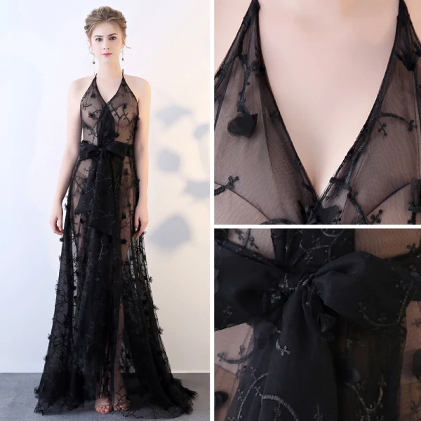 Sexy Schwarz Durchsichtige Sommer Abendkleider 2018 A Linie Neckholder Ärmellos Applikationen Spitze Schleife Stoffgürtel Sweep / Pinsel Zug Rüschen Rückenfreies Festliche Kleider
