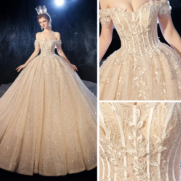 Luxury / Gorgeous Champagne Wedding Dresses 2020 Ball Gown Off-The-Shoulder Short Sleeve Backless Glitter Tulle Leaf Appliques Lace Sequins Beading Cathedral Train Ruffle