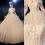 Luxury / Gorgeous Champagne Wedding Dresses 2020 Ball Gown Off-The-Shoulder Short Sleeve Backless Glitter Tulle Leaf Appliques Lace Sequins Beading Cathedral Train Ruffle