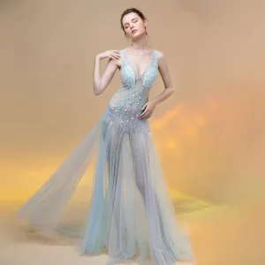 Sexy Bleu Ciel Transparentes Été Robe De Soirée 2018 Princesse V Cou Sans Manches Perlage Train De Balayage Volants Dos Nu Robe De Ceremonie