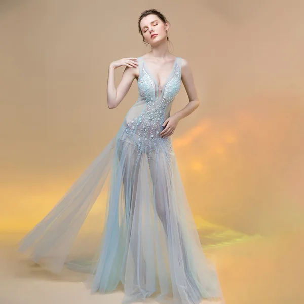 Sexy Sky Blue See-through Summer Evening Dresses 2018 A-Line / Princess V-Neck Sleeveless Beading Sweep Train Ruffle Backless Formal Dresses