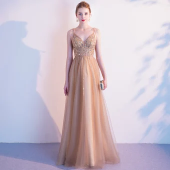 Elegant Champagne Gold Evening Dresses 2020 A Line Princess Spaghetti Straps Sleeveless Beading Floor Length Long Ruffle Backless Formal Dresses