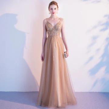 Elegant Champagne Gold Evening Dresses 2020 A Line Princess Spaghetti Straps Sleeveless Beading Floor Length Long Ruffle Backless Formal Dresses