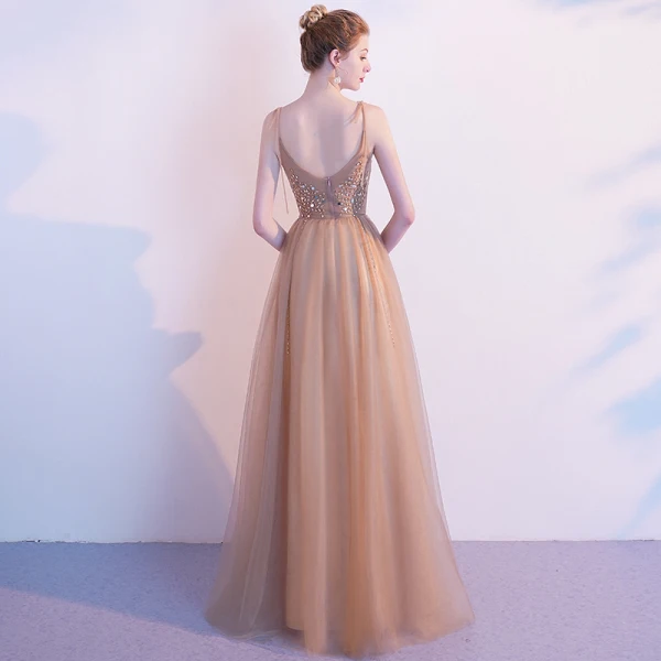 Elegant Champagne Gold Evening Dresses 2020 A-Line / Princess Spaghetti Straps Sleeveless Beading Floor-Length / Long Ruffle Backless Formal Dresses
