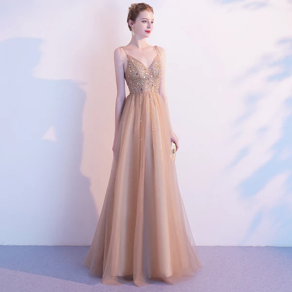 Elegant Champagne Gold Evening Dresses 2020 A-Line / Princess Spaghetti Straps Sleeveless Beading Floor-Length / Long Ruffle Backless Formal Dresses