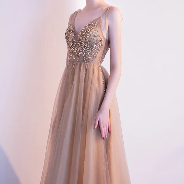 Elegant Champagne Gold Evening Dresses 2020 A-Line / Princess Spaghetti Straps Sleeveless Beading Floor-Length / Long Ruffle Backless Formal Dresses
