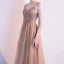 Elegant Champagne Gold Evening Dresses  2020 A-Line / Princess Spaghetti Straps Sleeveless Beading Floor-Length / Long Ruffle Backless Formal Dresses
