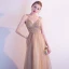 Elegant Champagne Gold Evening Dresses  2020 A-Line / Princess Spaghetti Straps Sleeveless Beading Floor-Length / Long Ruffle Backless Formal Dresses