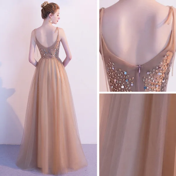 Elegant Champagne Gold Evening Dresses 2020 A-Line / Princess Spaghetti Straps Sleeveless Beading Floor-Length / Long Ruffle Backless Formal Dresses