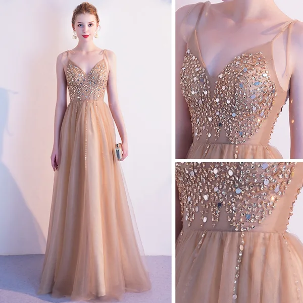 Elegant Champagne Gold Evening Dresses 2020 A-Line / Princess Spaghetti Straps Sleeveless Beading Floor-Length / Long Ruffle Backless Formal Dresses