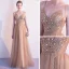 Elegant Champagne Gold Evening Dresses  2020 A-Line / Princess Spaghetti Straps Sleeveless Beading Floor-Length / Long Ruffle Backless Formal Dresses