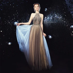 Illusion Champagne Grey Evening Dresses 2020 A Line Princess Scoop Neck Sleeveless Beading Rhinestone Floor Length Long Ruffle Backless Formal Dresses