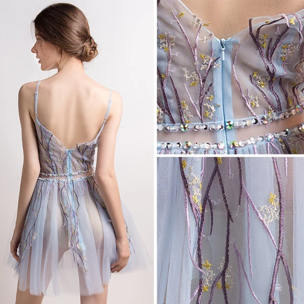 Sexy Bleu Ciel Transparentes Été Robe De Fete 2018 Princesse Sans Manches Bretelles Spaghetti Appliques En Dentelle Perlage Courte Volants Dos Nu Robe De Ceremonie