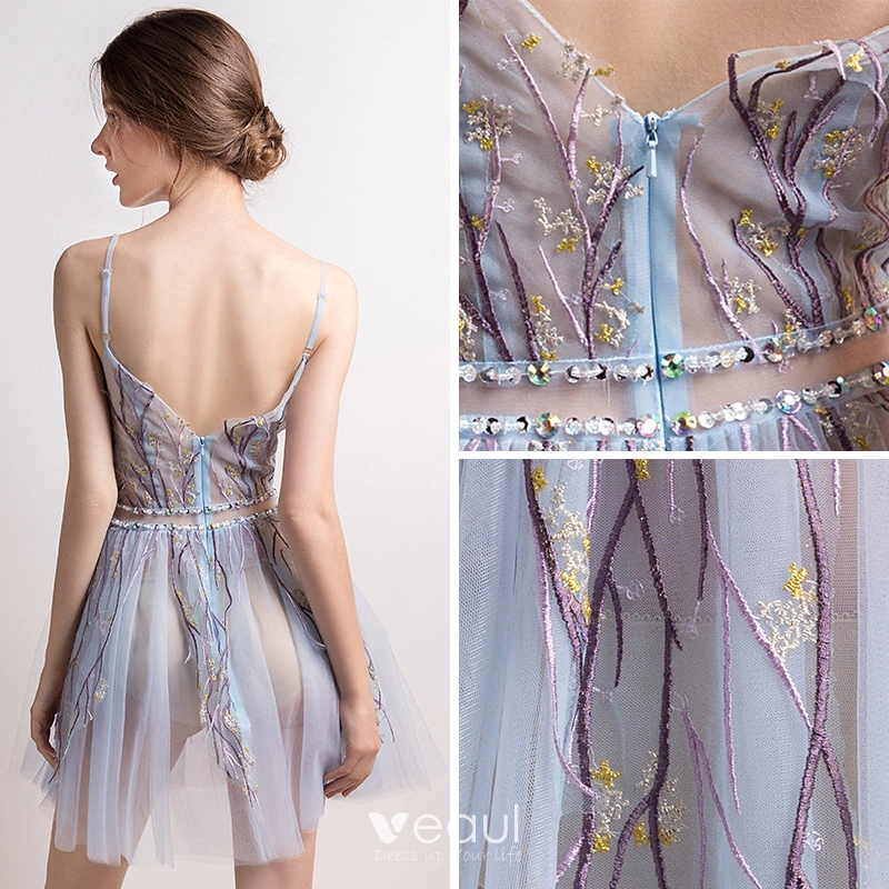Sexy Sky Blue See-through Summer Party Dresses 2018 A-Line / Princess  Sleeveless Spaghetti Straps Appliques