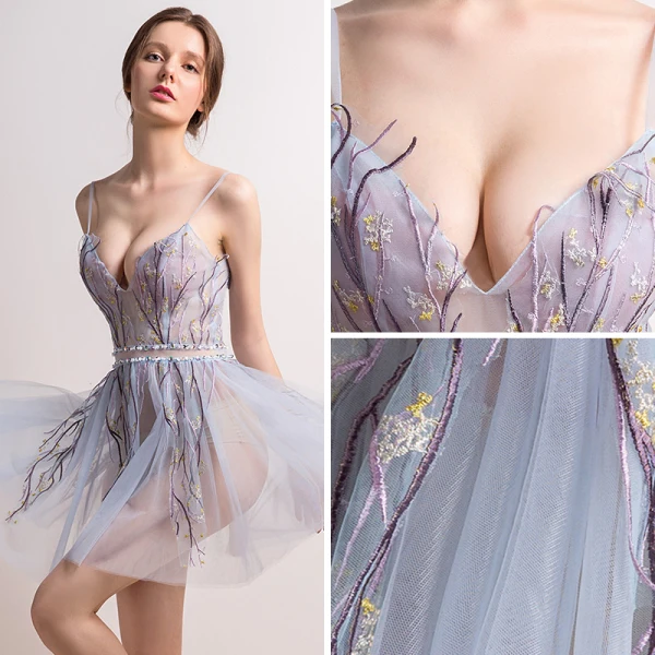 Sexy Bleu Ciel Transparentes Été Robe De Fete 2018 Princesse Sans Manches Bretelles Spaghetti Appliques En Dentelle Perlage Courte Volants Dos Nu Robe De Ceremonie
