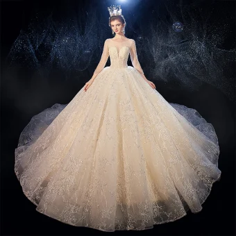 Luxury Gorgeous Champagne See Through Wedding Dresses 2020 Ball Gown Square Neckline 3 4 Sleeve Backless Glitter Tulle Beading Cathedral Train Ruffle