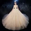Luxus / Herrlich Champagner Durchsichtige Brautkleider / Hochzeitskleider 2020 Ballkleid Eckiger Ausschnitt 3/4 Ärmel Rückenfreies Glanz Tülle Perlenstickerei Kathedrale Schleppe Rüschen
