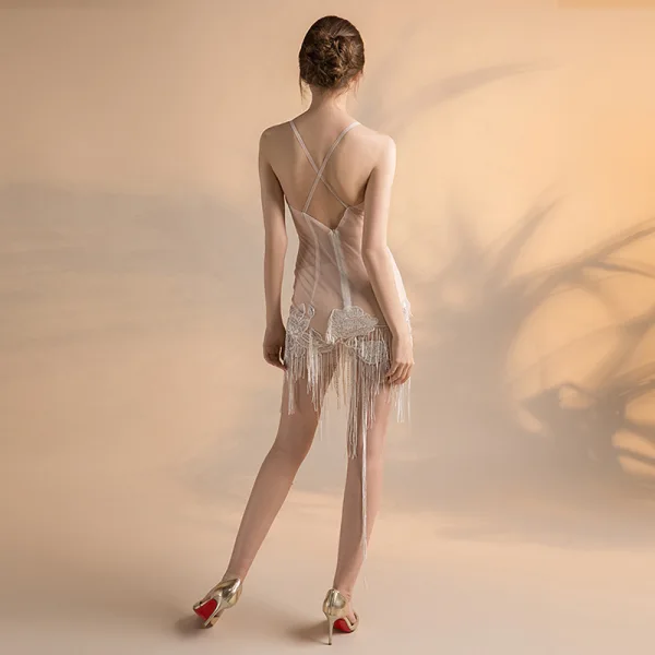 Sexy Ivoire Transparentes Robe De Fete 2018 Princesse Sans Manches Bretelles Spaghetti Appliques Paillettes Perlage Gland Courte Dos Nu Robe De Ceremonie