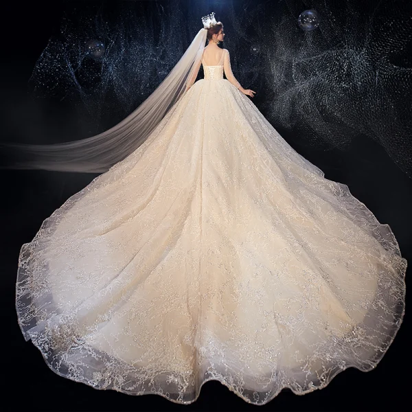 Luxus / Herrlich Champagner Durchsichtige Brautkleider / Hochzeitskleider 2020 Ballkleid Eckiger Ausschnitt 3/4 Ärmel Rückenfreies Glanz Tülle Perlenstickerei Kathedrale Schleppe Rüschen