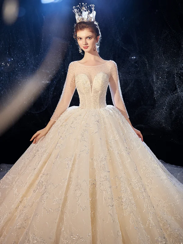 Luxus / Herrlich Champagner Durchsichtige Brautkleider / Hochzeitskleider 2020 Ballkleid Eckiger Ausschnitt 3/4 Ärmel Rückenfreies Glanz Tülle Perlenstickerei Kathedrale Schleppe Rüschen