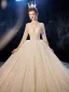 Luxus / Herrlich Champagner Durchsichtige Brautkleider / Hochzeitskleider 2020 Ballkleid Eckiger Ausschnitt 3/4 Ärmel Rückenfreies Glanz Tülle Perlenstickerei Kathedrale Schleppe Rüschen
