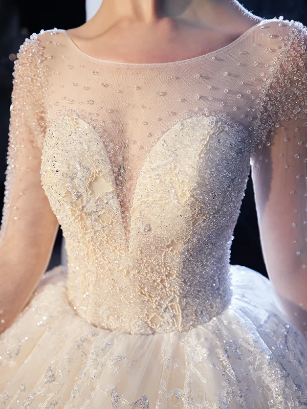 Luxus / Herrlich Champagner Durchsichtige Brautkleider / Hochzeitskleider 2020 Ballkleid Eckiger Ausschnitt 3/4 Ärmel Rückenfreies Glanz Tülle Perlenstickerei Kathedrale Schleppe Rüschen
