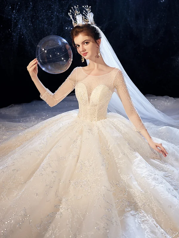 Luxus / Herrlich Champagner Durchsichtige Brautkleider / Hochzeitskleider 2020 Ballkleid Eckiger Ausschnitt 3/4 Ärmel Rückenfreies Glanz Tülle Perlenstickerei Kathedrale Schleppe Rüschen