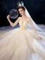 Luxus / Herrlich Champagner Durchsichtige Brautkleider / Hochzeitskleider 2020 Ballkleid Eckiger Ausschnitt 3/4 Ärmel Rückenfreies Glanz Tülle Perlenstickerei Kathedrale Schleppe Rüschen