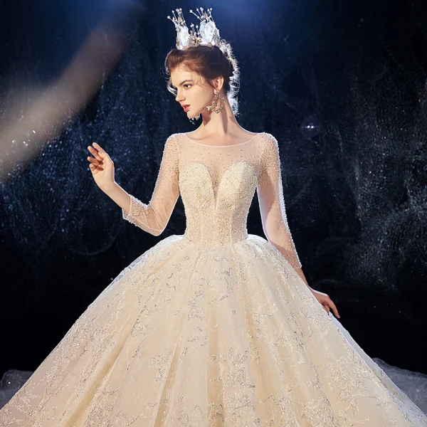 Luxus / Herrlich Champagner Durchsichtige Brautkleider / Hochzeitskleider 2020 Ballkleid Eckiger Ausschnitt 3/4 Ärmel Rückenfreies Glanz Tülle Perlenstickerei Kathedrale Schleppe Rüschen